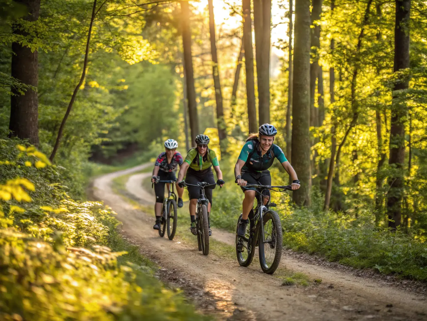 A group of cyclists during a training session on a scenic trail, with coaches providing guidance, showcasing the Cycling Training Programs offered by GUIDON FUXEEN.