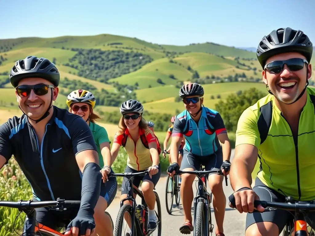 A photograph capturing the excitement of participants in an organized cycling ride through the countryside, emphasizing the community aspect of GUIDON FUXEEN.
