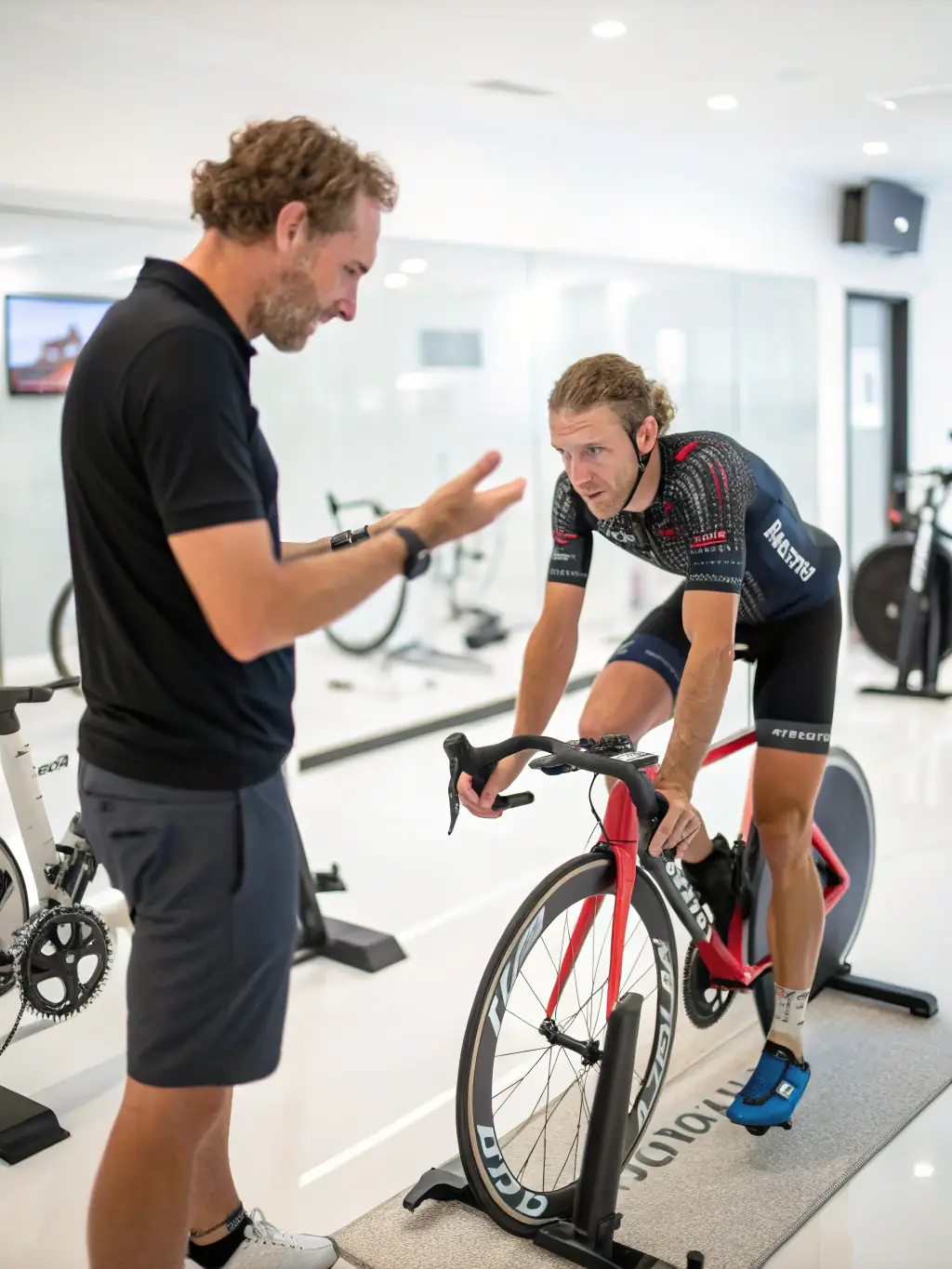 A photo of a cyclist receiving guidance from a coach during a training session, emphasizing personalized support.